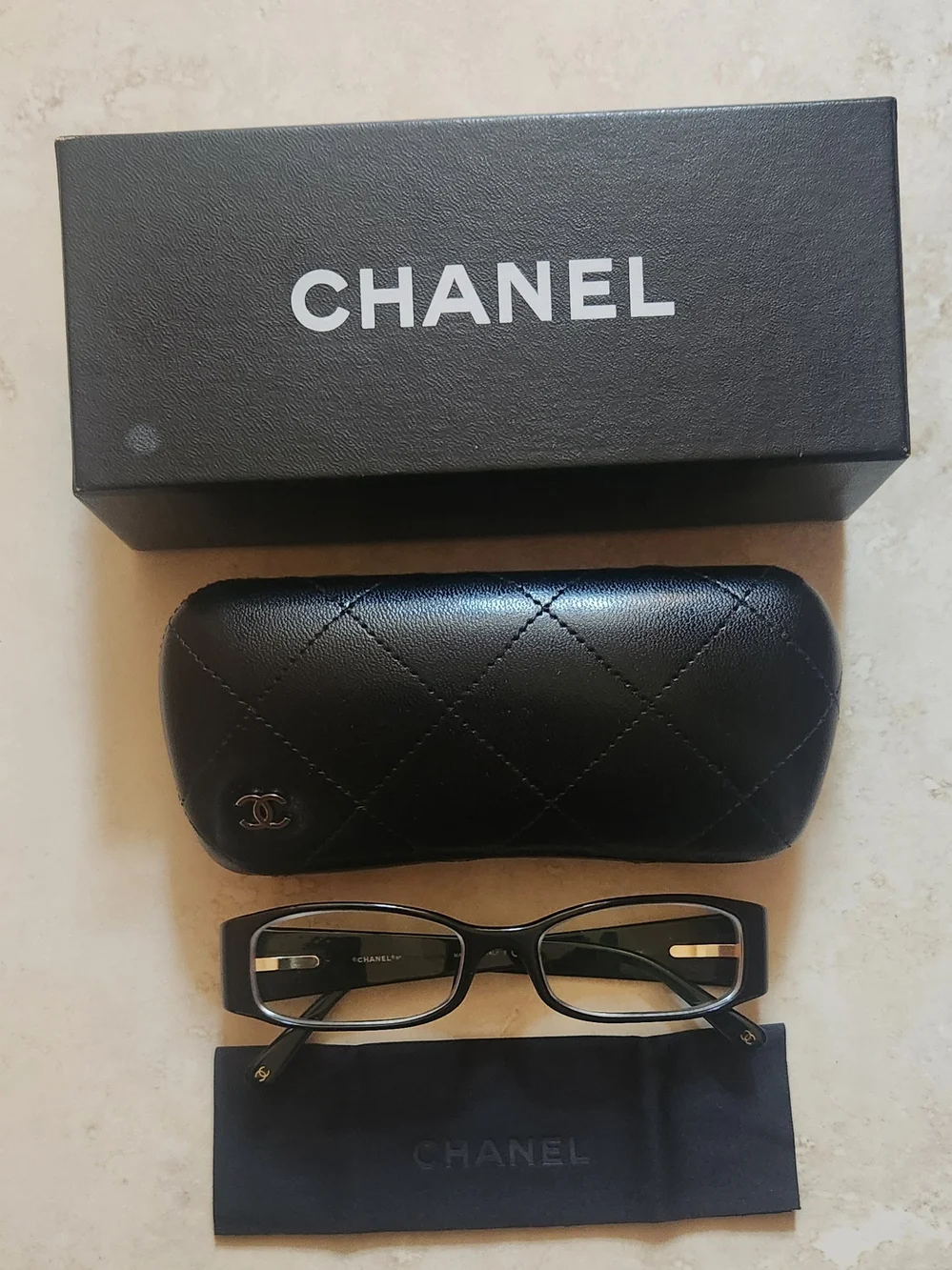 CHANEL Black Quilted Eyewear with Matching Black Case
